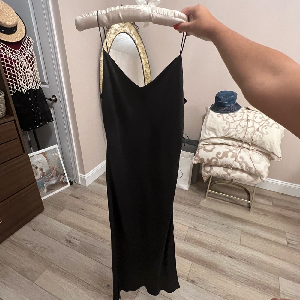 Dark grey elegant satin dress from Intermix. Simple straps and open in the back.
